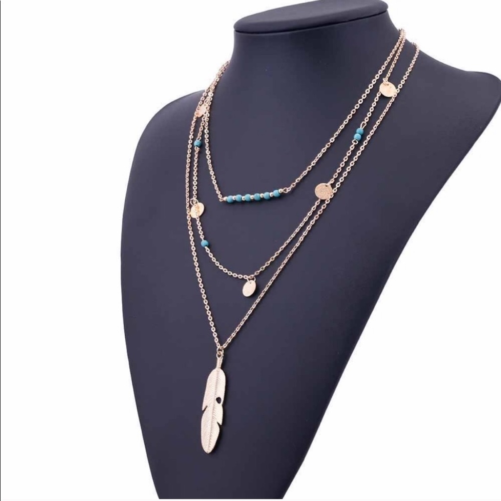🌟BESTSELLER🌟 3-Layer Feather Necklace Gold Tone - Picture 3 of 4
